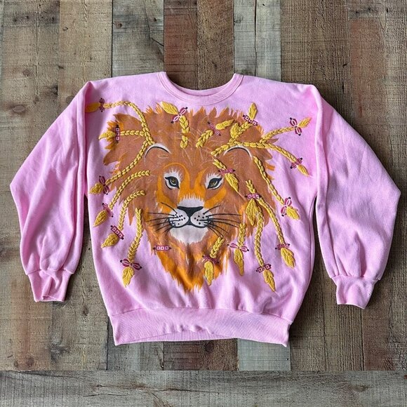 Just the three of us womens vintage lion 3d puff print graphic sweatshirt pink - Picture 1 of 9
